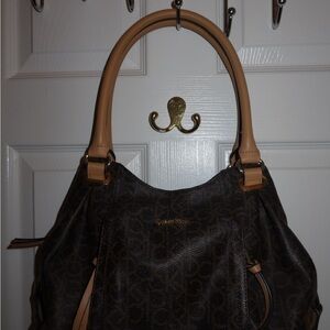 Calvin Klein Dark Brown and Tan Shoulder Bag